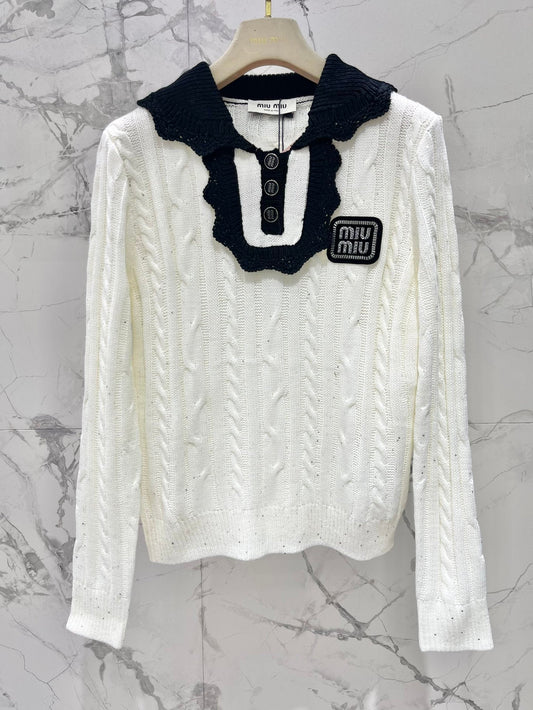 25fw Doll collar patchwork knit sweater