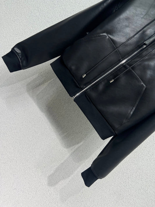 25fw Leather hooded jacket