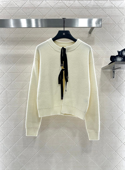Round neck bow tie plain knit cardigan