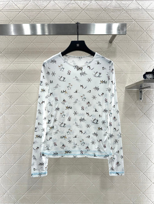 Round neck design ski print top