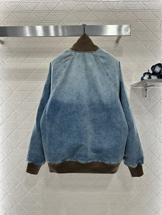 Color blocked threaded zipper denim cotton jacket