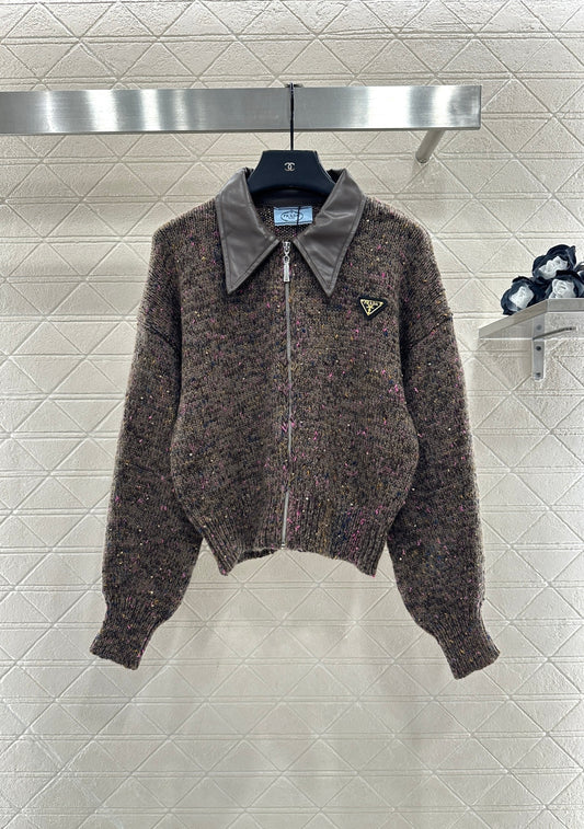 Leather-trimmed lapel zip-up jacket