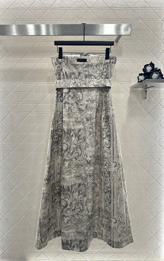 Printed Denim Strapless Dress