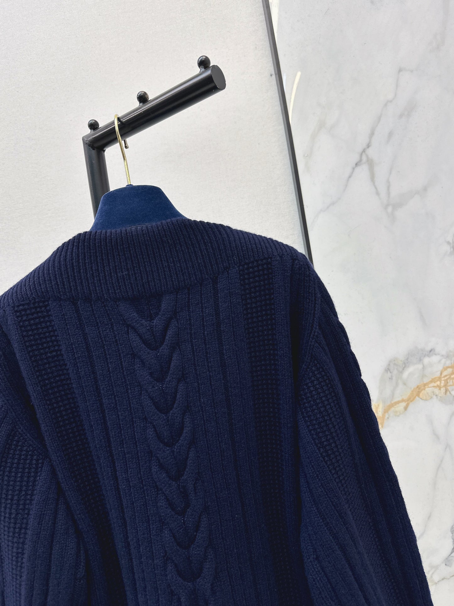 Leather Button-Up Wool Knit Cardigan