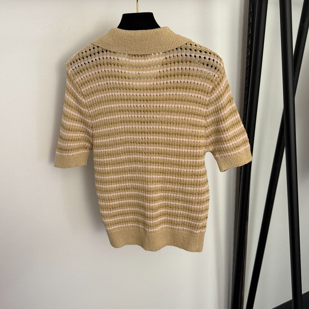 Striped Polo Neck Cutout T-Shirt