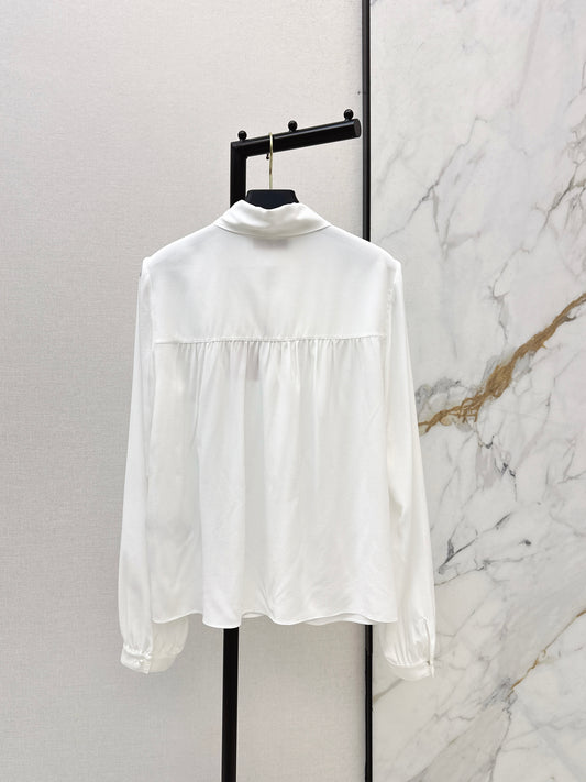 26ss V-neck flowy bow tie silk shirt