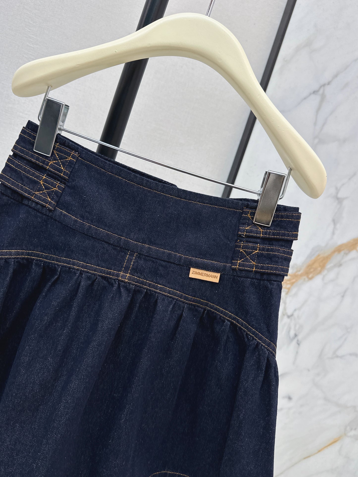 26ss High-waisted A-line denim midi skirt