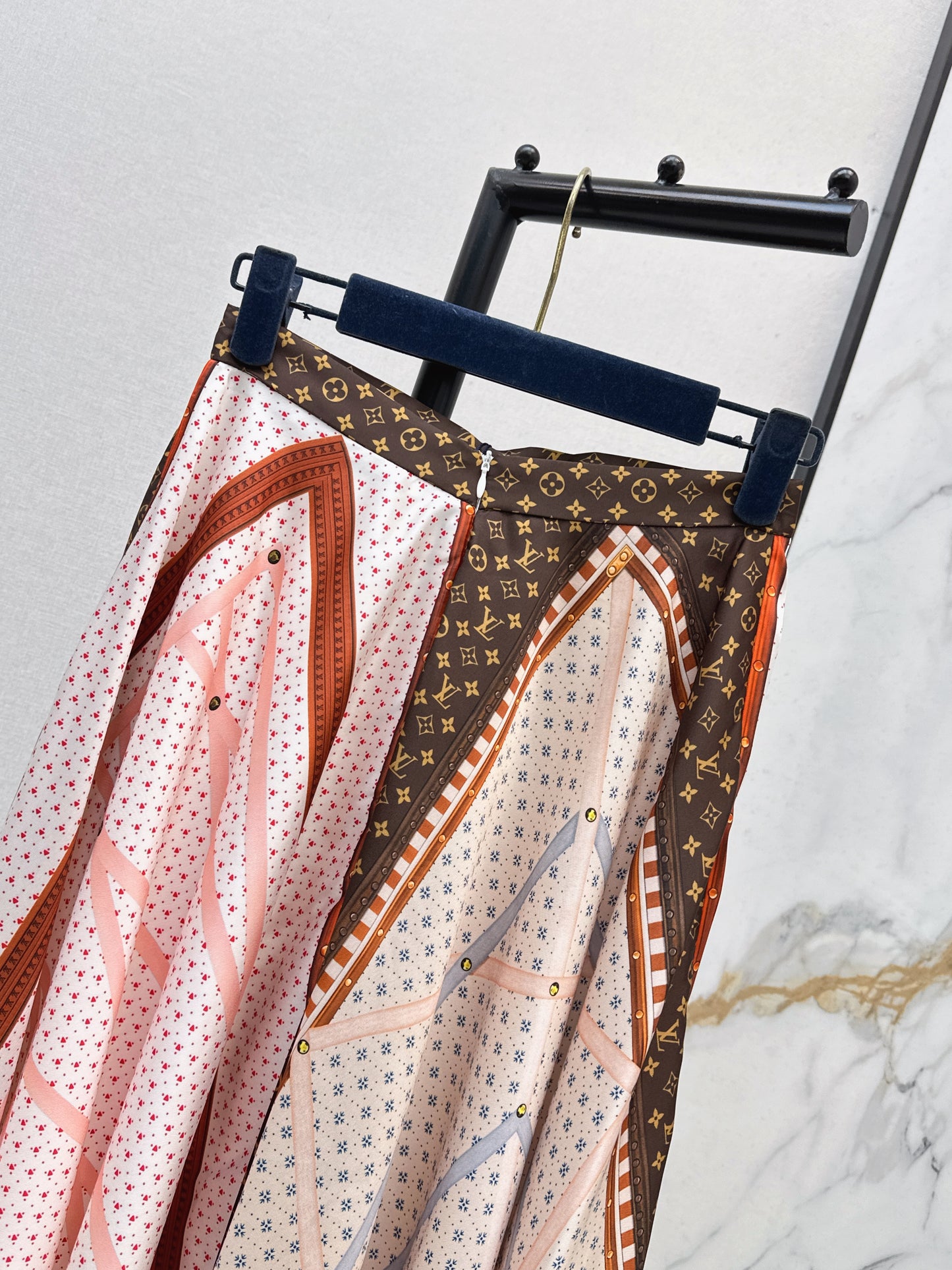 26ss Patchwork printed irregular hem midi skirt