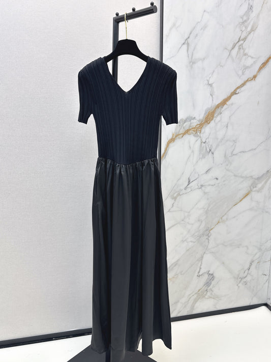 26ss Patchwork Style Long V-Neck Dress