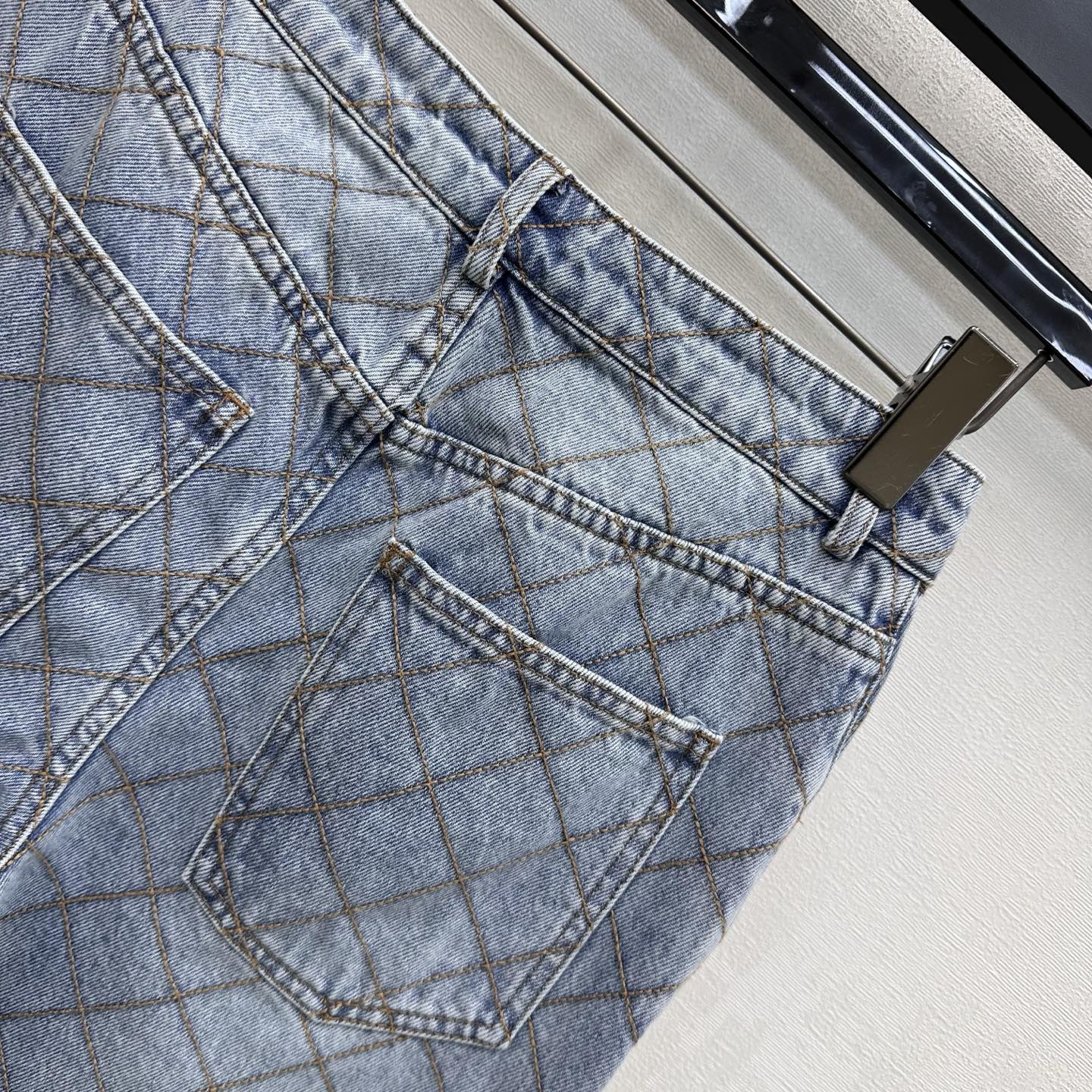 Quilted Denim Trousers with Chain Detail