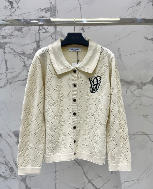 Valentino/26 New Simple Turn-Down Collar Hollow Crochet Knit Cardigan