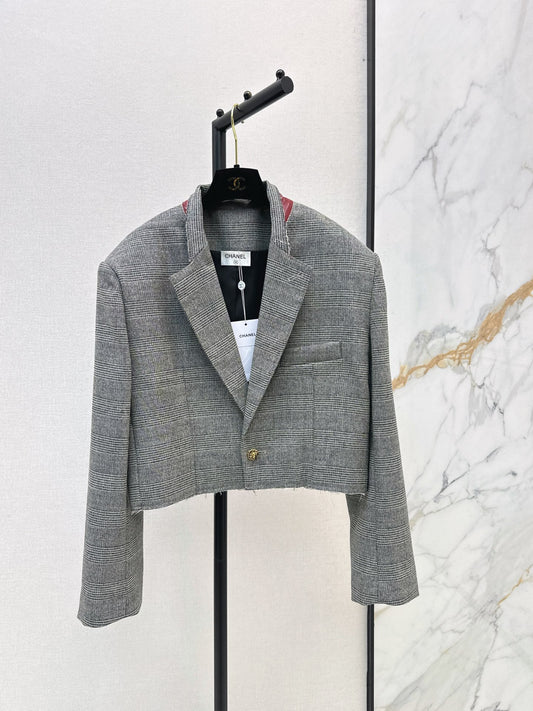 26New Early-Autumn Retro-Chic Grey Plaid Cropped Jacket