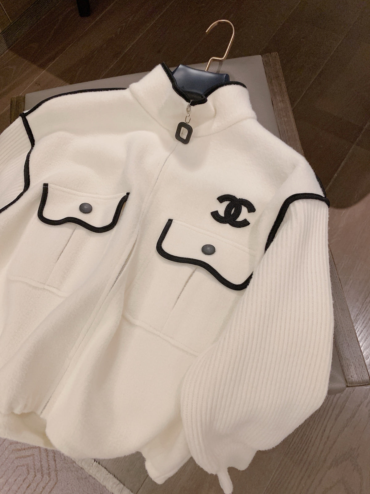 26"Chanel-inspired" Custom Knit Bomber Jacket with Double-C Cuff Detailing