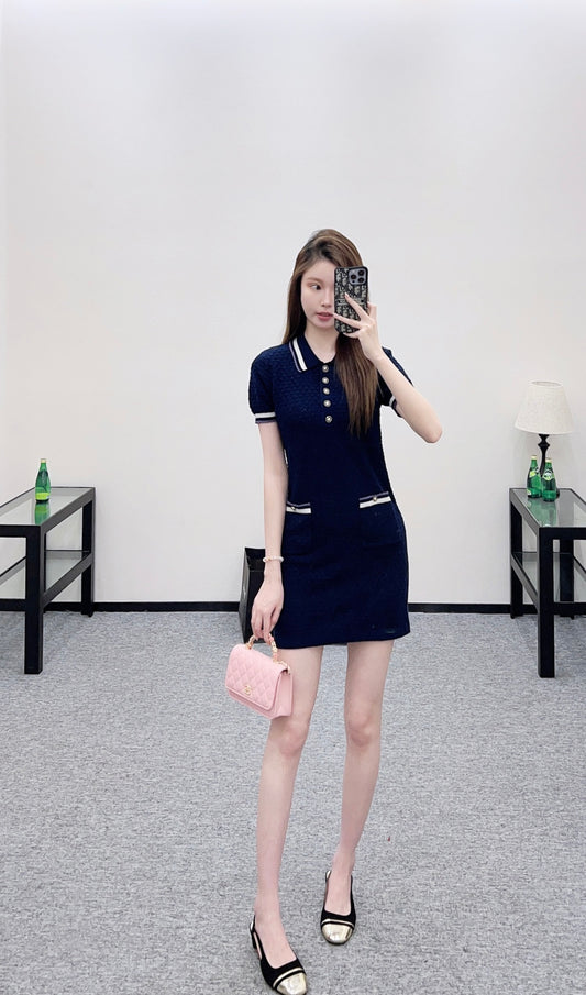 Collared Knit Short-Sleeve Dress
