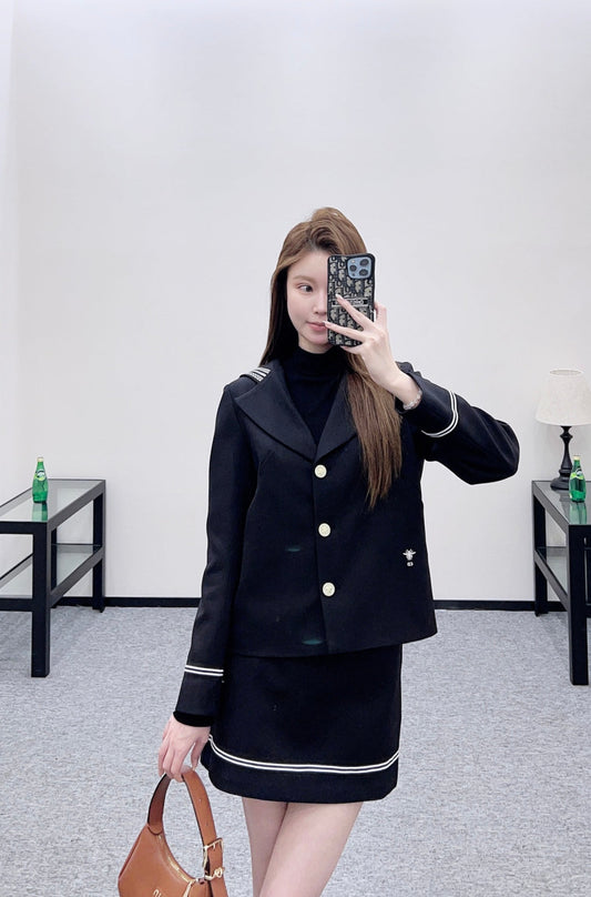 Navy Collar Jacket and Skirt Set