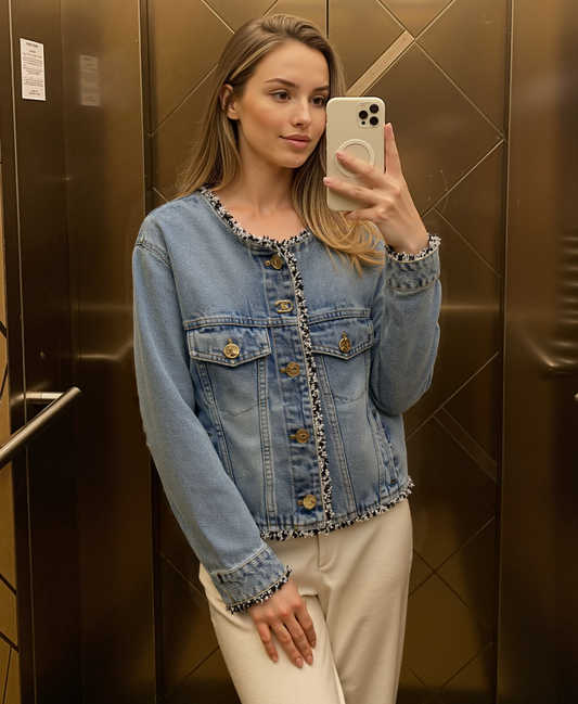 26Women’s Vintage-Washed Denim Jacket with Braided Tweed Trim
