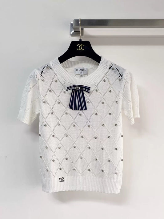 26ss Diamond-patterned rhinestone bow logo T-shirt