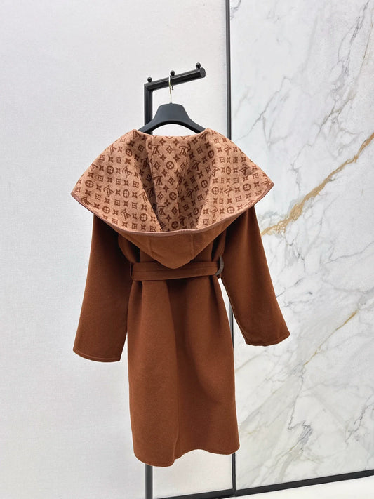 Double sided wearable classic wrap style long hooded coat