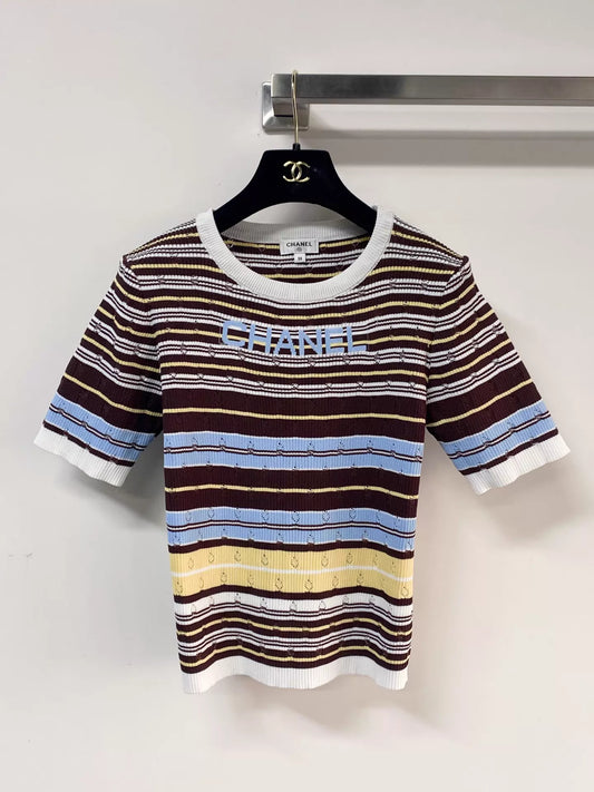 26ss Colorful striped cutout T-shirt