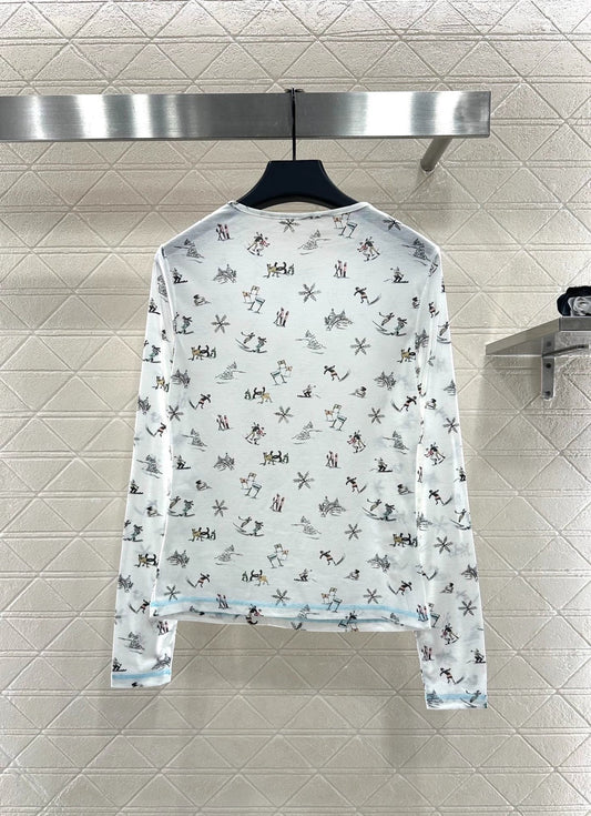 Round neck design ski print top