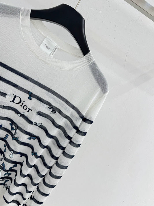 26Striped Bow-Embroidered Knit Top