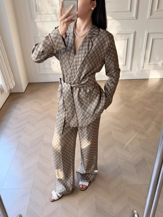 Monogram belted shirt and silk set
