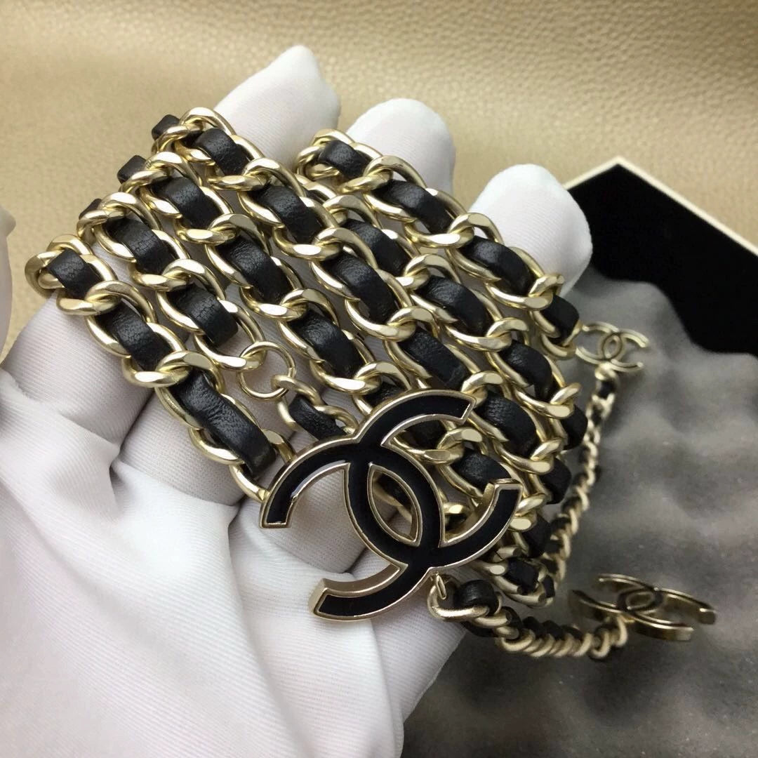 Black and Gold Leather Chain Waist Chain