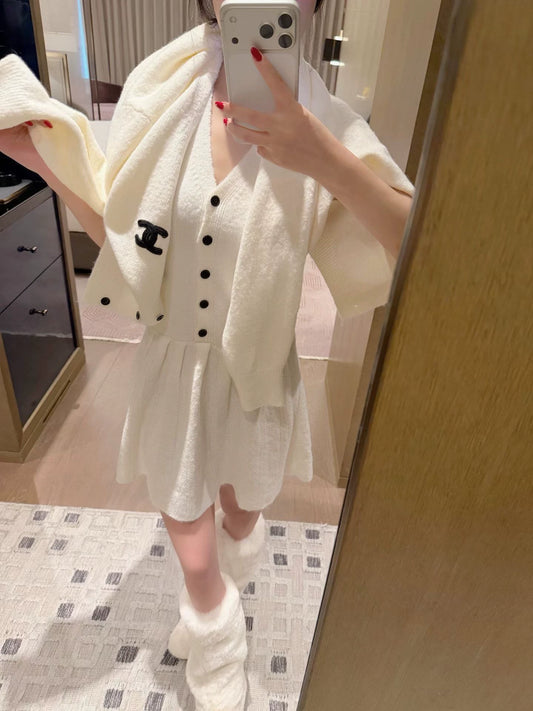 26Early Autumn New Arrival: Vintage-Inspired "Chanel-Style" Knit Cardigan & Halter-Neck Dress Two-Piece Set