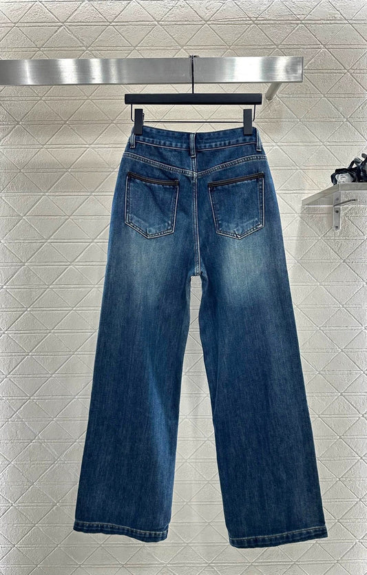 Lingge logo pocket denim straight leg pants