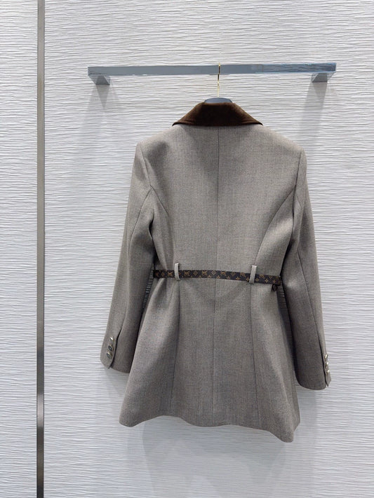 26Long-Sleeve Blazer with Contrast-Color Logo, Pockets, and Waist Belt