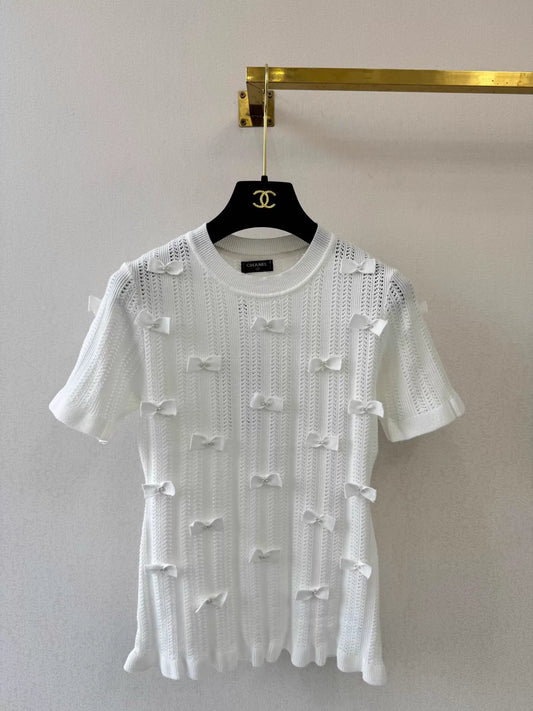 26ss Bow and Pearl Knit T-shirt
