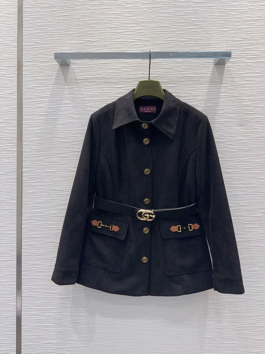 26Long-Sleeve Coat with Metal-Buckle Pockets and Waist Belt