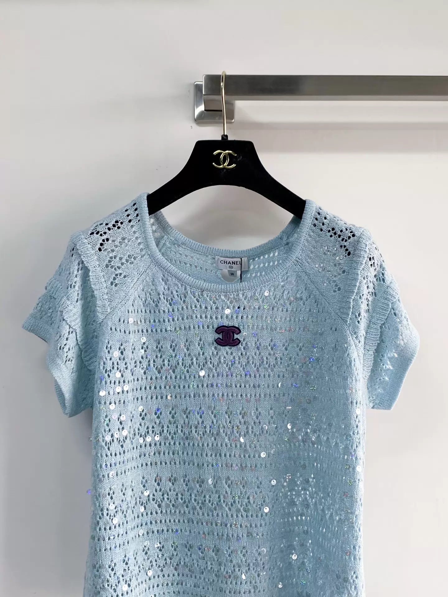 26ss Hollow-out sequined short-sleeved top