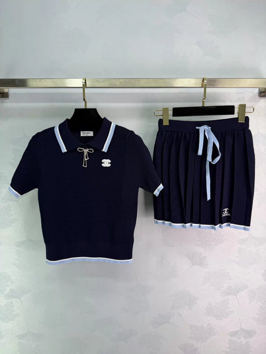 Preppy Style Color-Blocked Knit Set