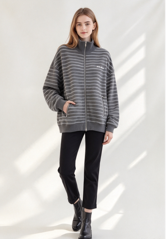 26 Grey-and-White Striped Stand-Collar Zip-Up Jacket