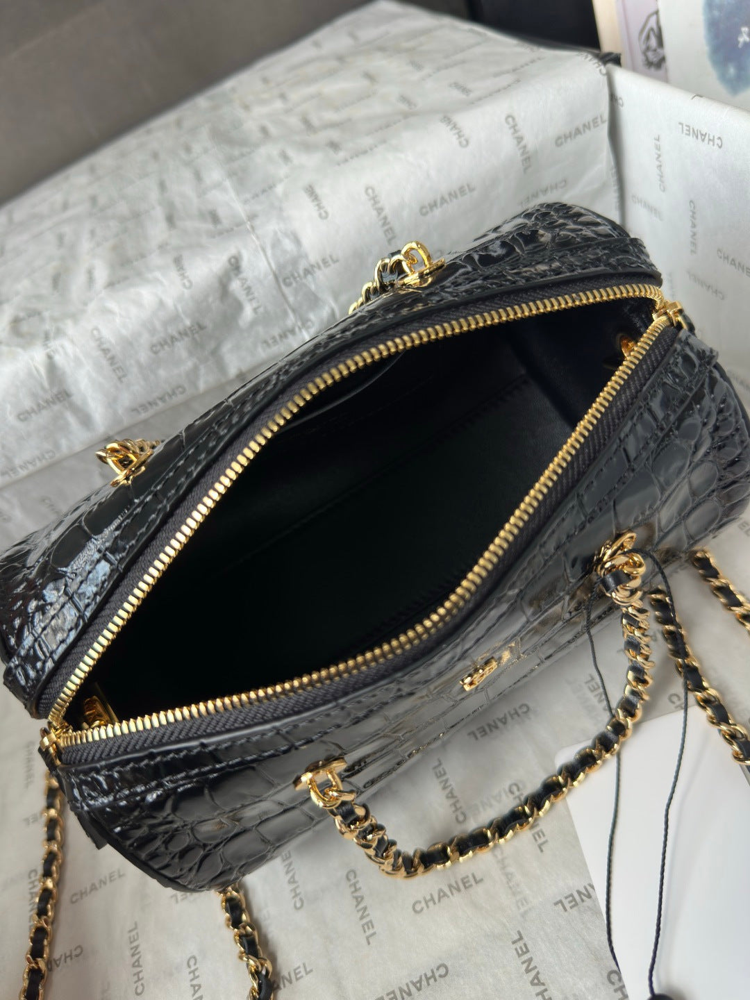 Chanel 2026 Crocodile Embossed Bowling Bag 18.5cm Leather