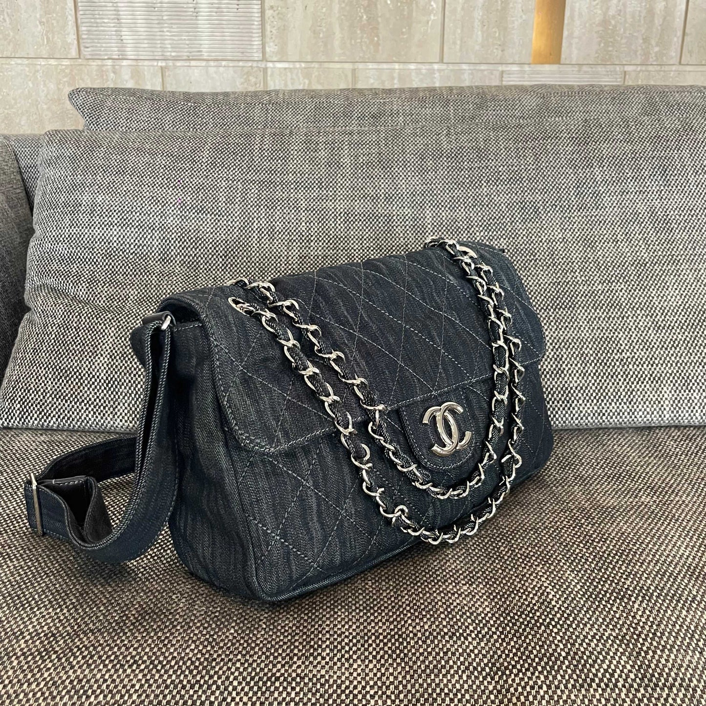 Chanel 2026 Stretch Spirit Messenger Bag Black Denim