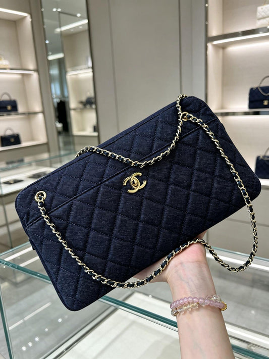2026 Double-chain Bowling Bag 33cm Blue Denim Leather