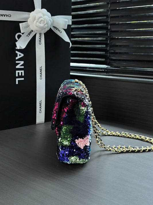2026 Flap Bag Black Mix Colors Sequin Leather 387779