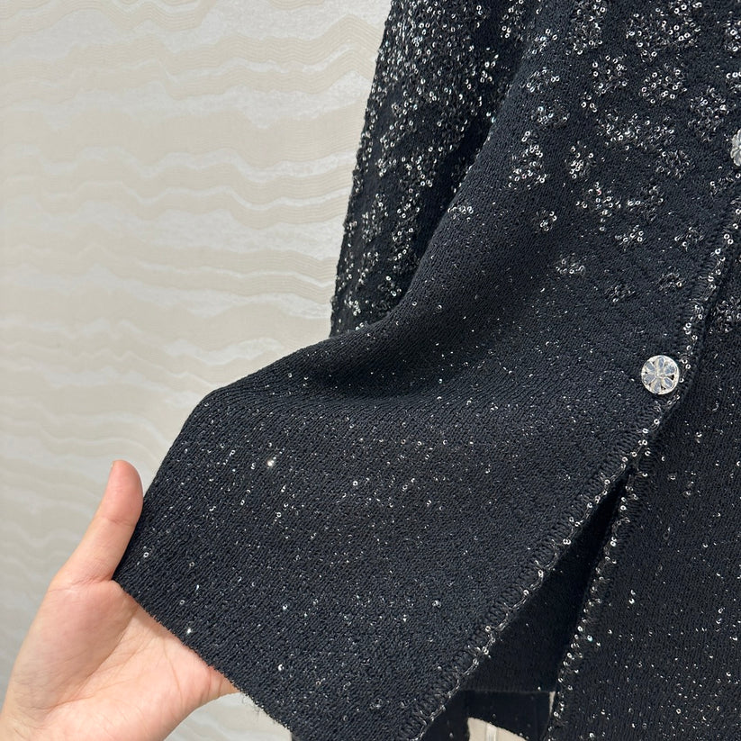 Shimmering Cropped Wide-Sleeve Tweed Jacket
