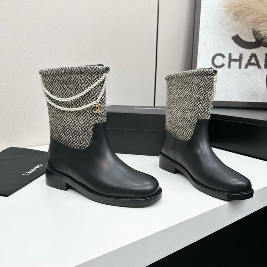 25 Pearl necklace decoration, thick soled short boots(GRAY/BLACK)