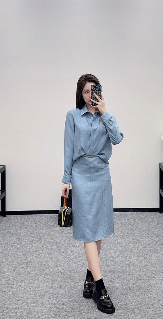 Jacquard Silk Blouse and Skirt Set