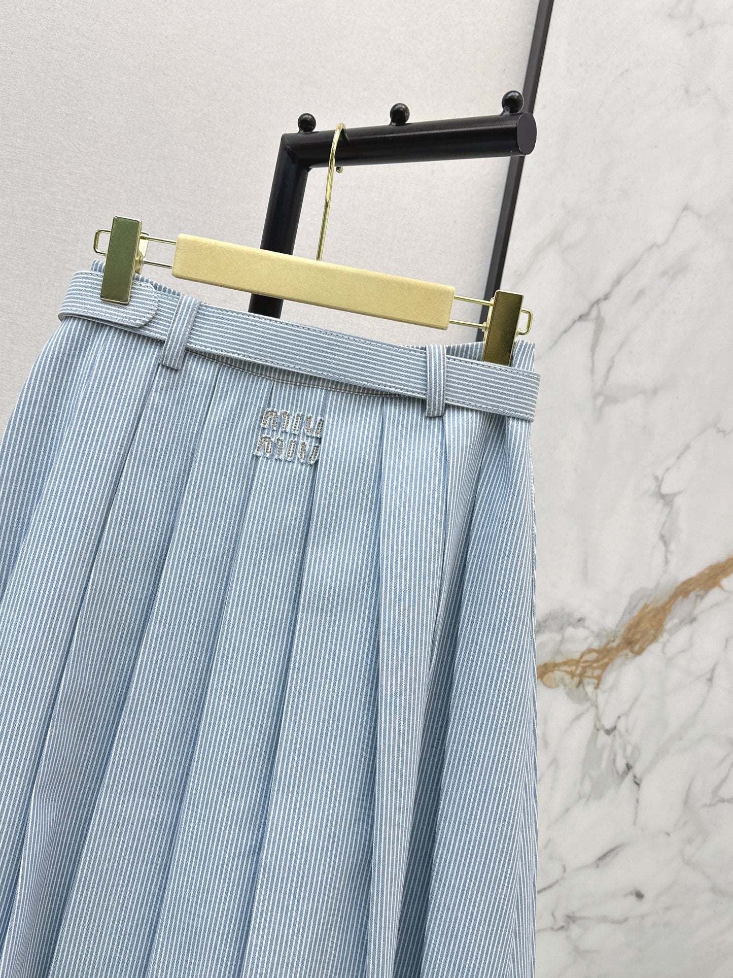 Striped belted pleated midi skirt