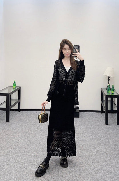 2025 new product Hollow cardigan and skirt set