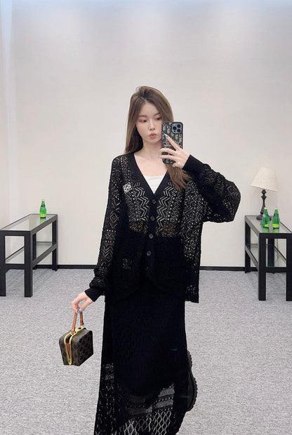 2025 new product Hollow cardigan and skirt set
