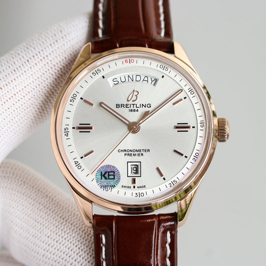 PREMIER DAY DATE 40 STAINLESS STEEL LEATHER STRAP