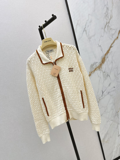 Hand-crocheted jacket with vintage suede patchwork