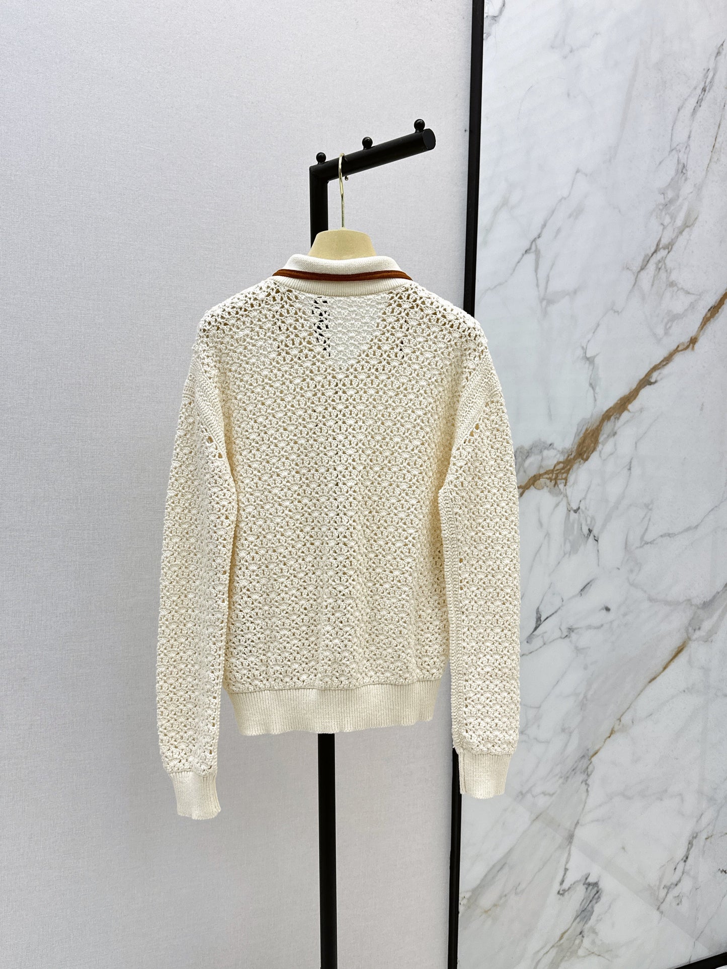 Hand-crocheted jacket with vintage suede patchwork