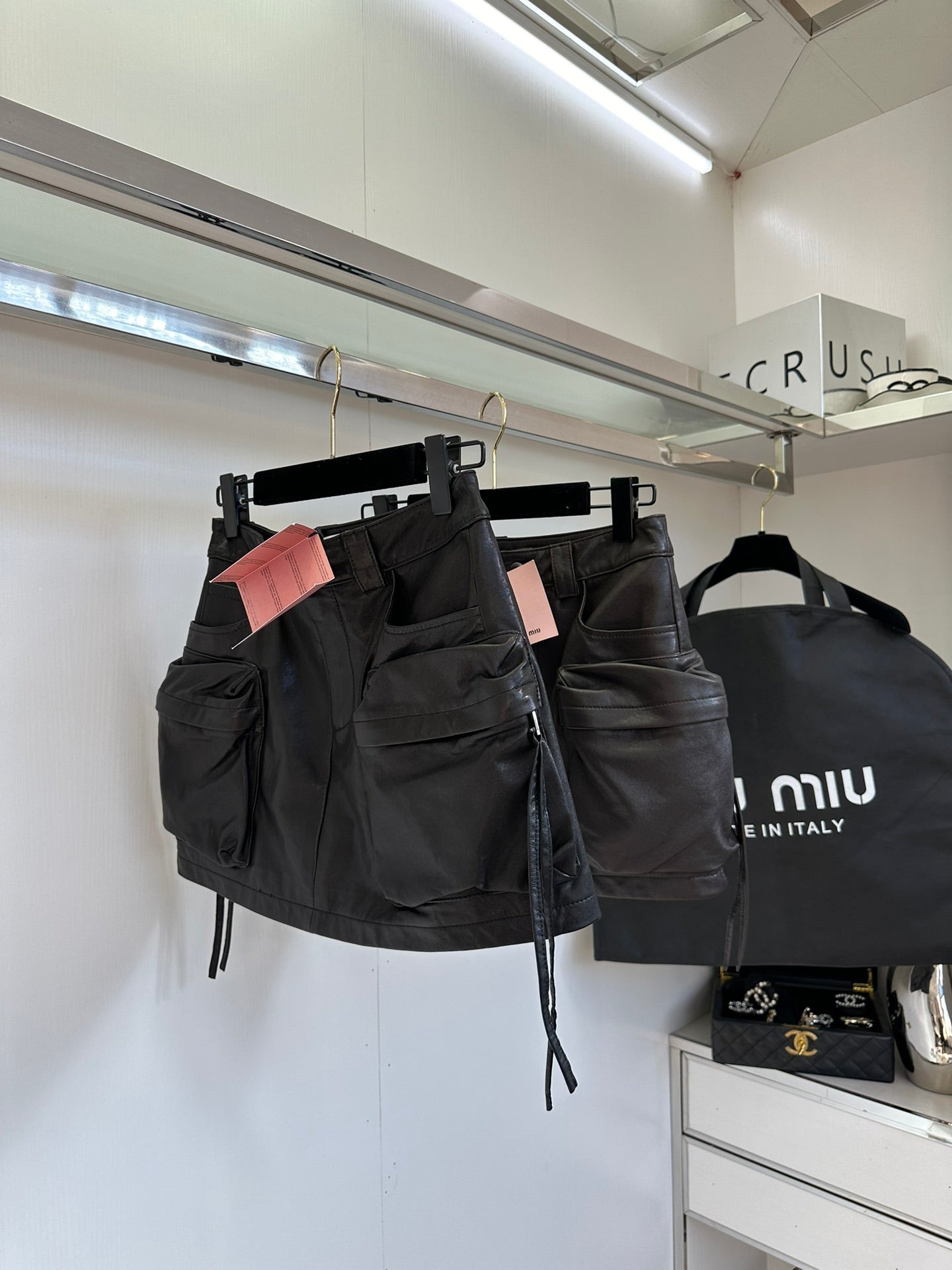Multi-Pocket Leather Skirt
