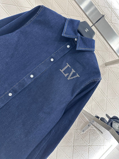 25fw Collar hot pressed diamond denim shirt